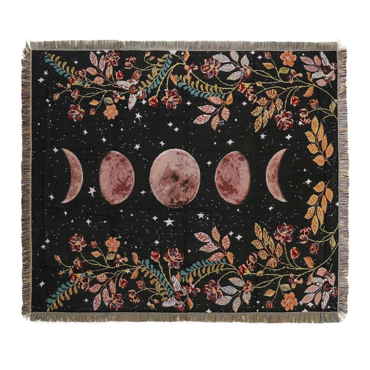 A dark throw blanket featuring a bohemian geometric pattern of floral vines, leaves, and celestial moons against a black back
