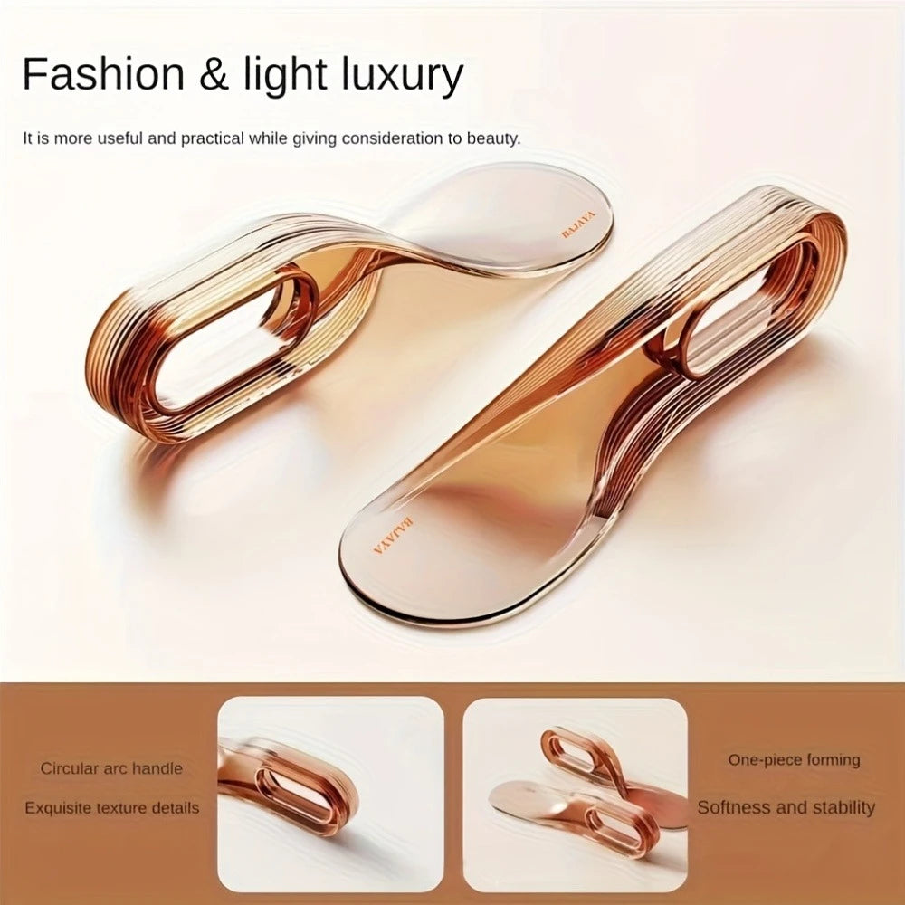 A pair of rose gold silicone mattress lifters or bed linen organizers shown with close-up details.