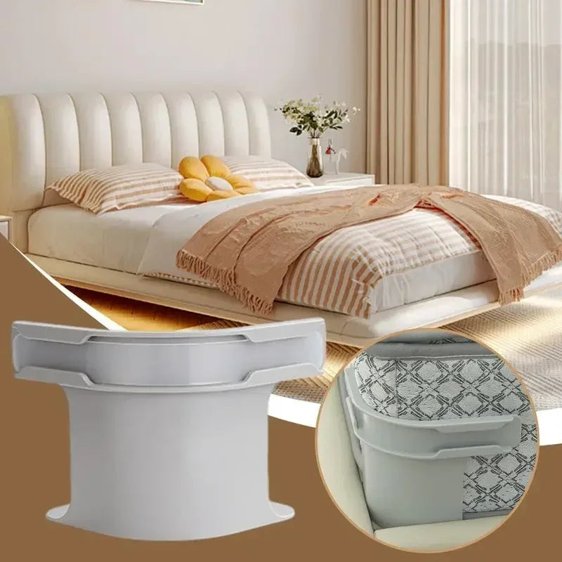 A set of white heavy duty bed sheet corner tightener clips shown next to a bed setting.