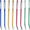 A set of bent tip tapestry needles in various colors including silver, blue, gold, green, pink, and purple.