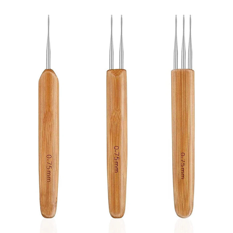 Three wooden crochet hooks with 0.75mm tips shown vertically
