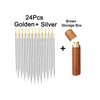A set of 24 gold and silver stainless steel sewing needles plus a brown storage box.
