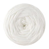 A ball of white soft t-shirt yarn used for crochet