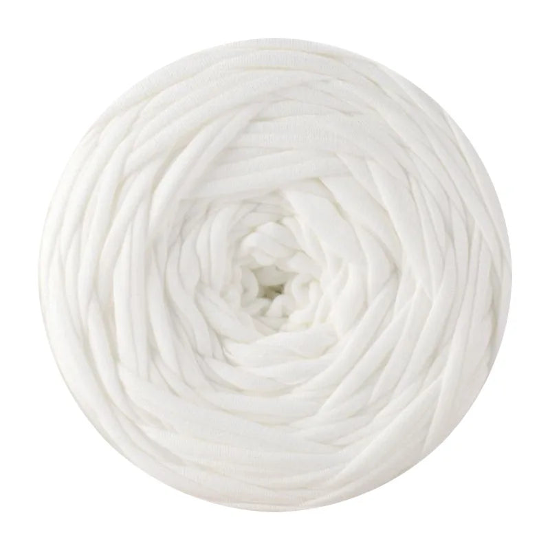 A ball of white soft t-shirt yarn used for crochet