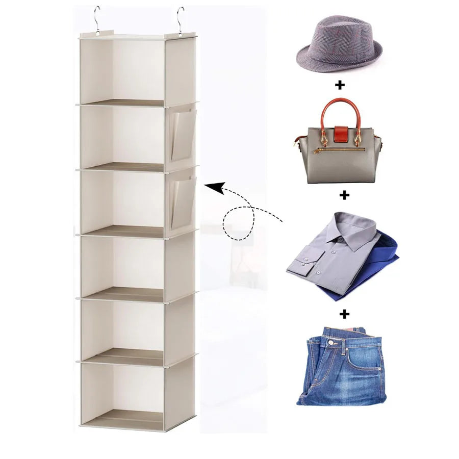 A foldable hanging closet organizer with multiple compartments and accessories like a hat and handbag.
