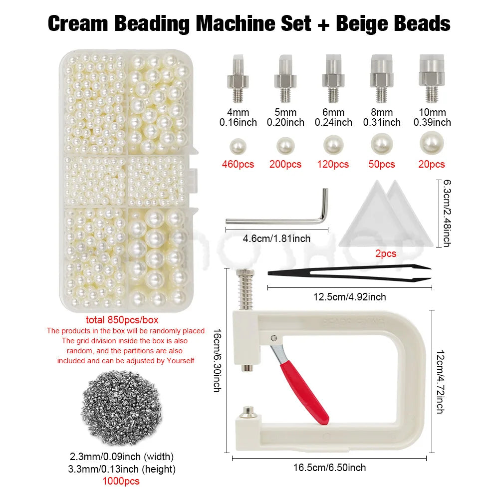 Cream beading machine set with beige beads and various sized beads for crafting