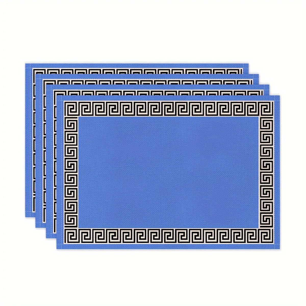 A stack of solid blue linen blend table placemats with black Greek key borders.