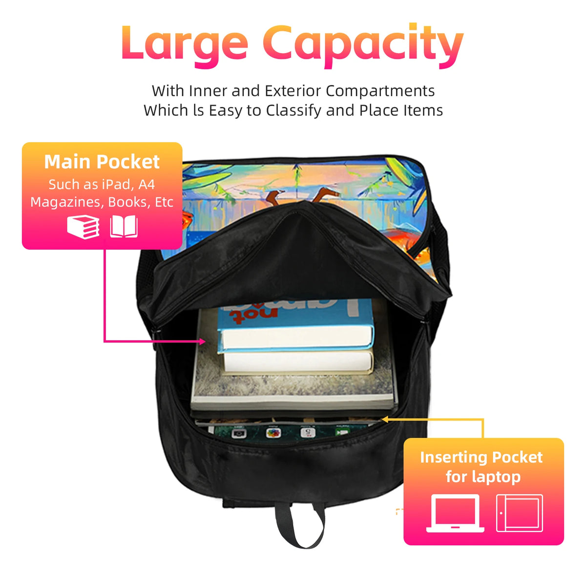 Black unisex football sport backpack showing interior compartments and an inserting pocket for a laptop.