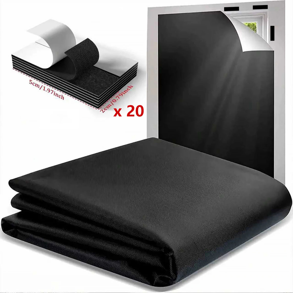 Black blackout curtains with adhesive strips shown in a rolled and unfolded form.