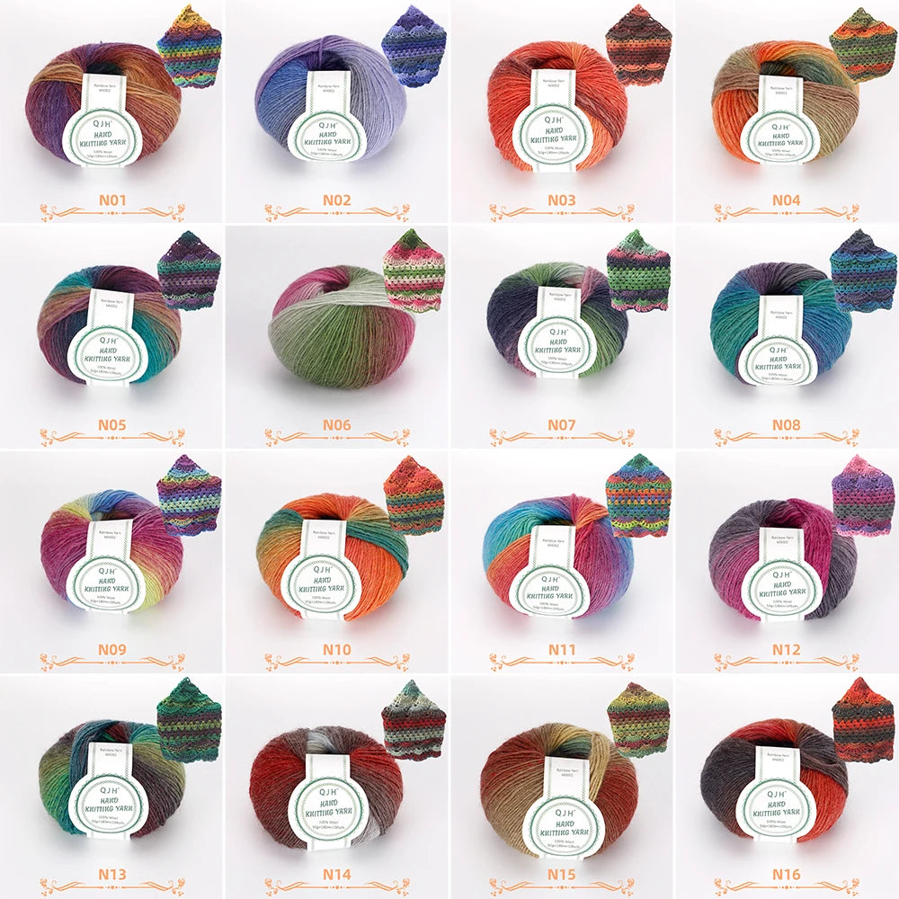 A collection of sixteen skeins of luxury multi-color wool yarn in various shades of green, orange, and purple displayed on a 