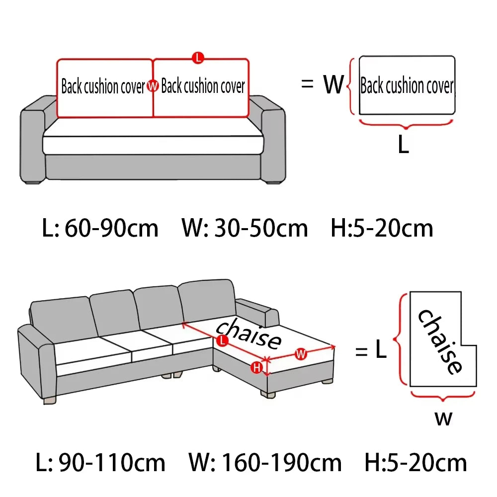 Diagrams showing dimensions and components of a sofa, including back cushion covers and a chaise.