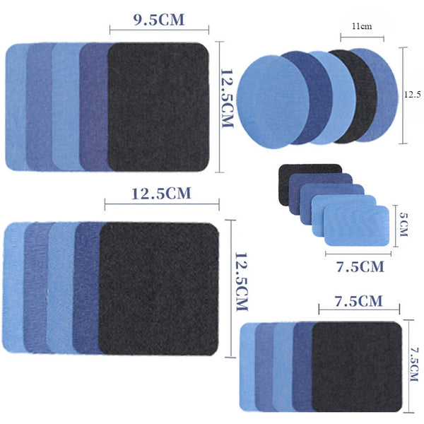 A set of iron-on cotton patches in various shades of blue and black, shown in rectangular and circular shapes.