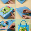 A felt animal craft kit showing various steps of making a green frog character with colorful accents.