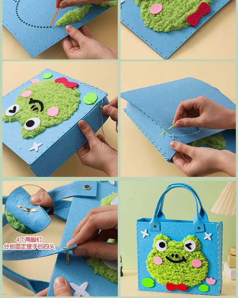 A felt animal craft kit showing various steps of making a green frog character with colorful accents.