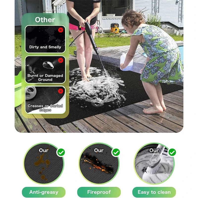 A heavy-duty double-sided grill mat is shown being used outdoors on a wooden deck, demonstrating its features like anti-greas