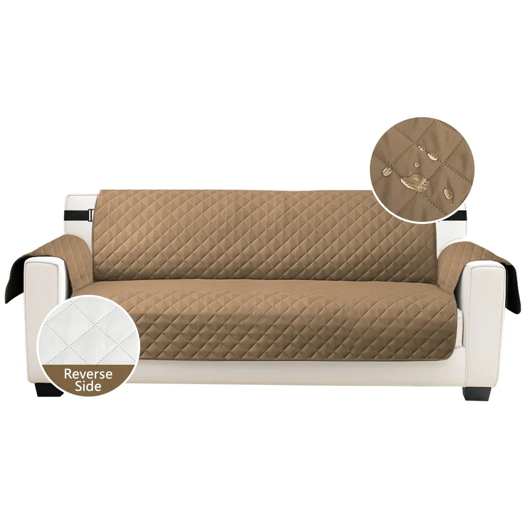 A beige quilted sofa slipcover displayed on a white frame with a circular detail showing the reverse side.