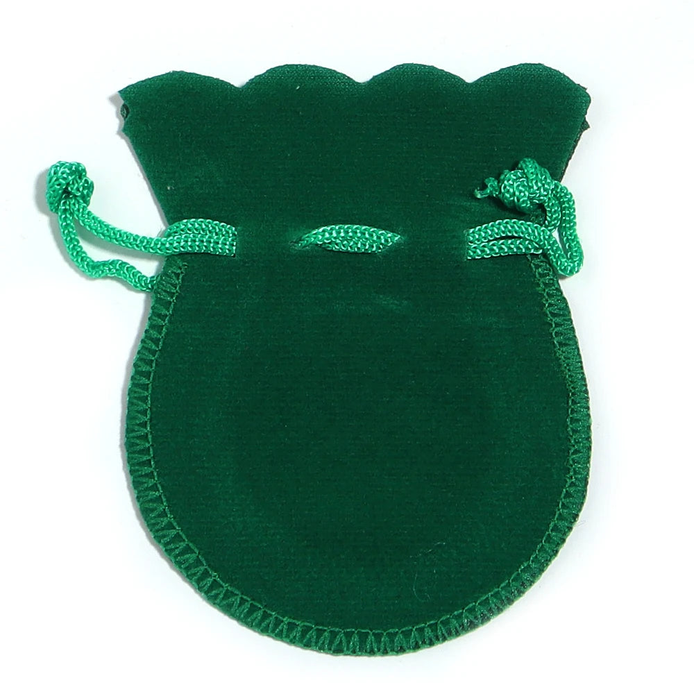 A dark green velvet drawstring gift bag shaped like a gourd.