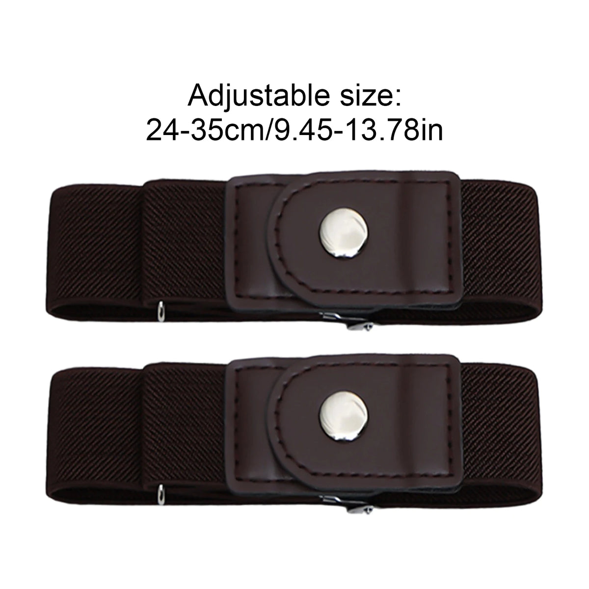 A pair of dark brown stretchable elastic belts shown flat, indicating an adjustable size range of 24-35cm or 9.45-13.78in.