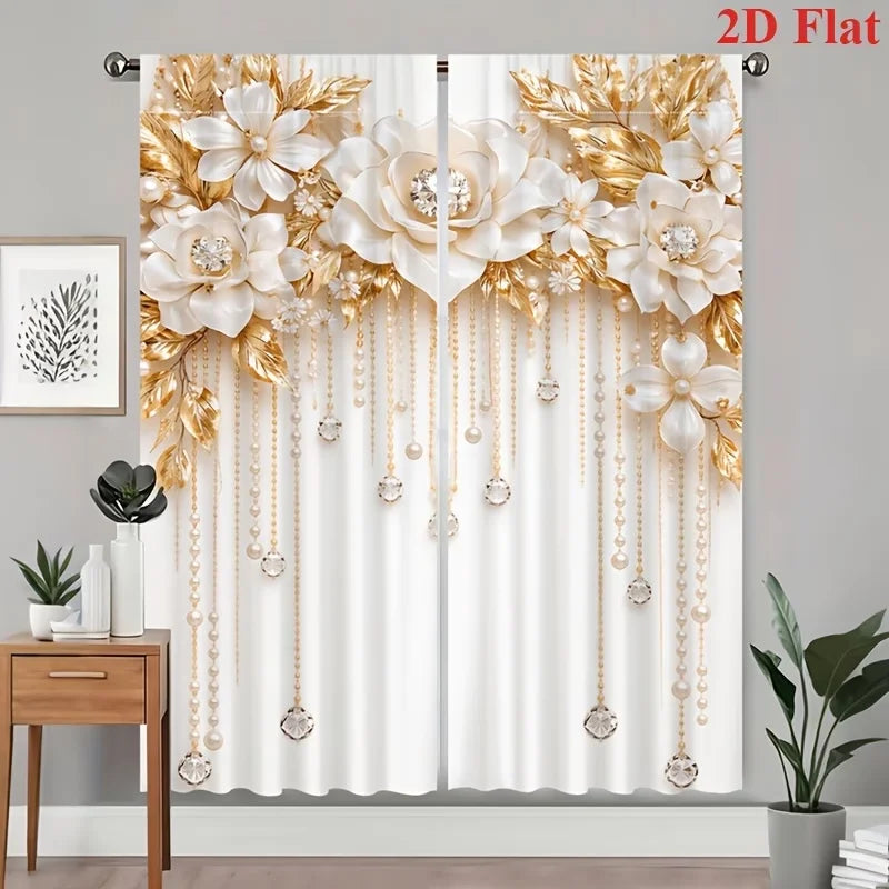 White floral pendant print curtains featuring gold accents and sheer fabric.