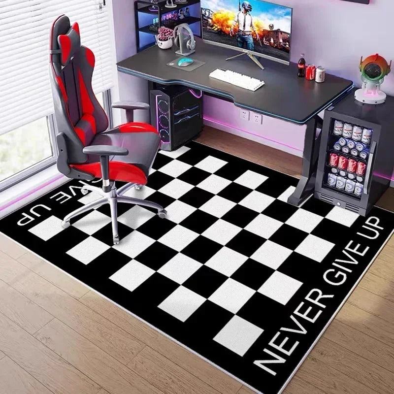 A black and white checkered gaming area rug with a neon hexagon design placed in a room setup.