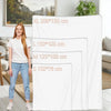 White wool throw blanket displayed next to a woman, showing various size options.