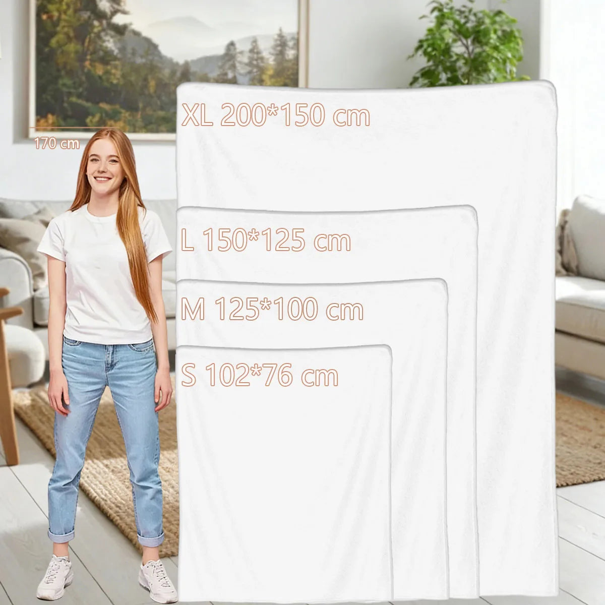White wool throw blanket displayed next to a woman, showing various size options.
