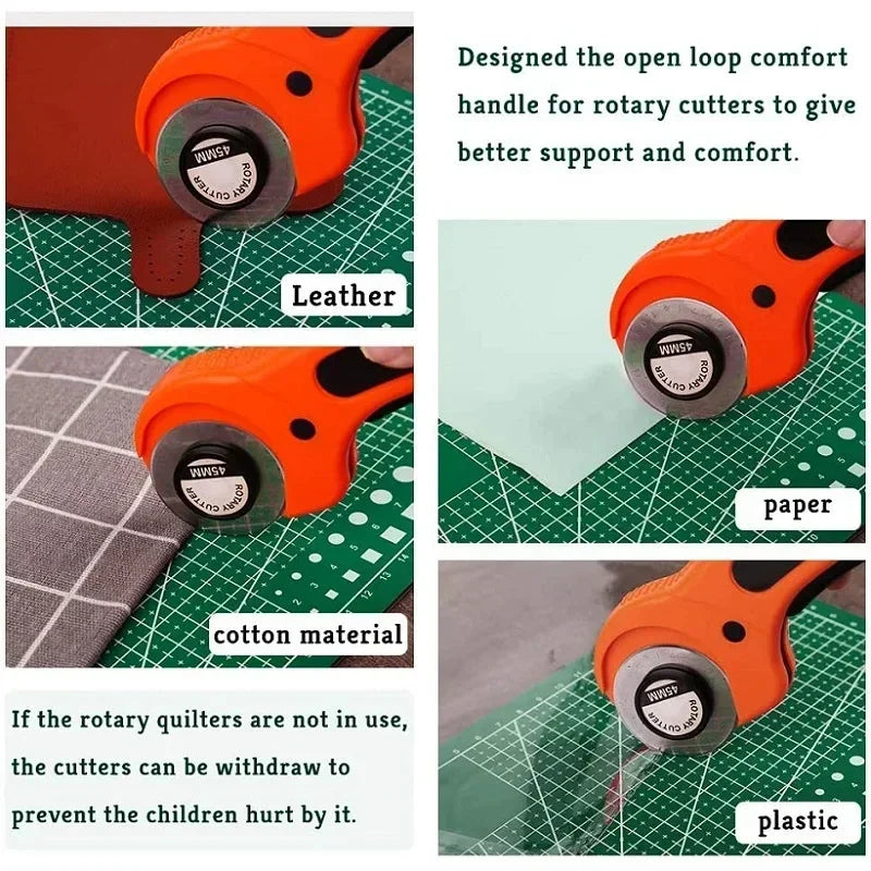 Orange rotary cutter handle designed for better support and comfort, shown in use with various materials.