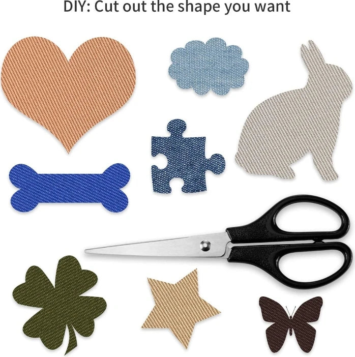 A set of four iron-on fabric repair patches in various shapes including a heart, a silhouette, a tongue, and a leaf.