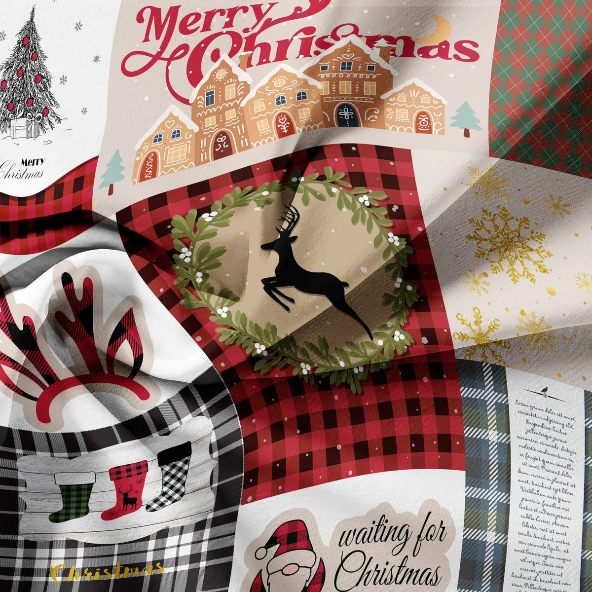 A festive fabric featuring plaid patterns, reindeer silhouettes, and Christmas holiday text.