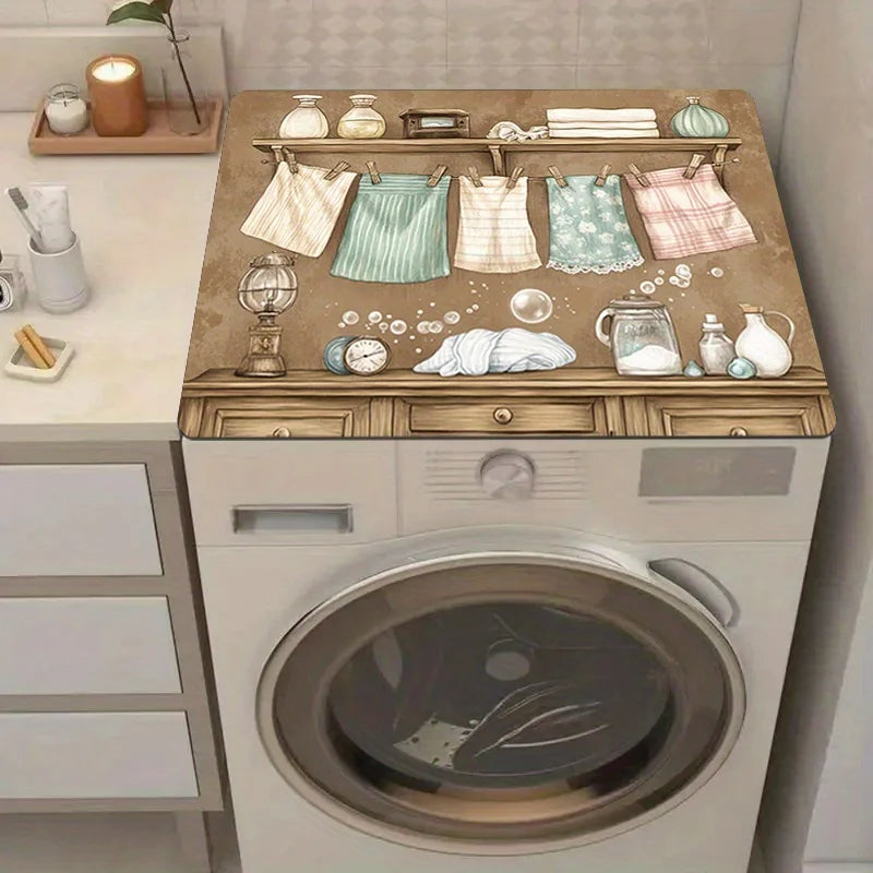 A vintage laundry appliance cover is displayed on a wooden tray above a white washing machine.
