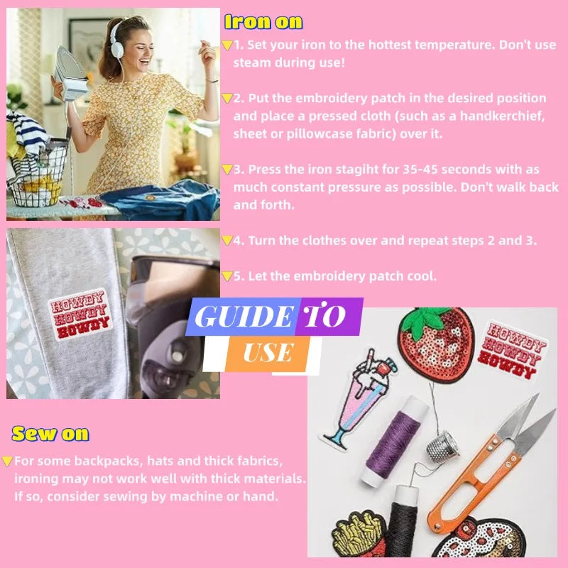 Guide to use for iron on and sew on embroidery patches and decals
