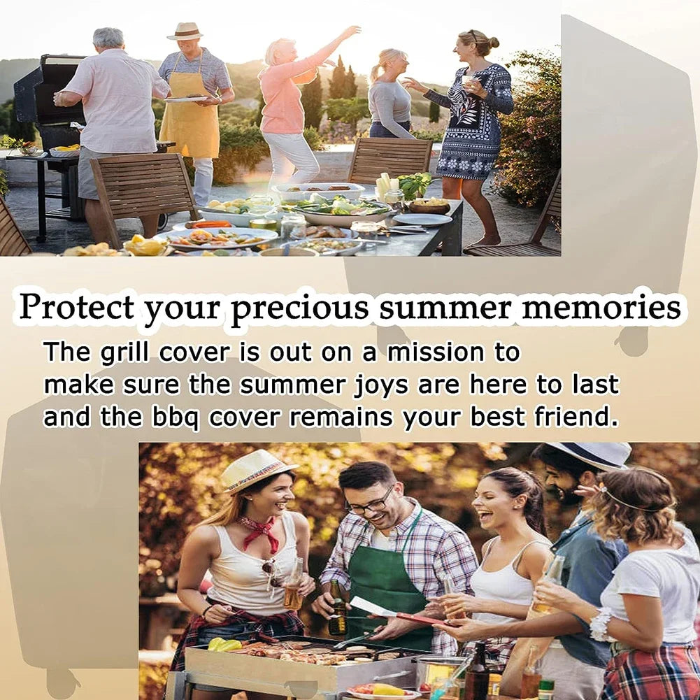 A family enjoying a summer BBQ outdoors with a grill cover nearby.