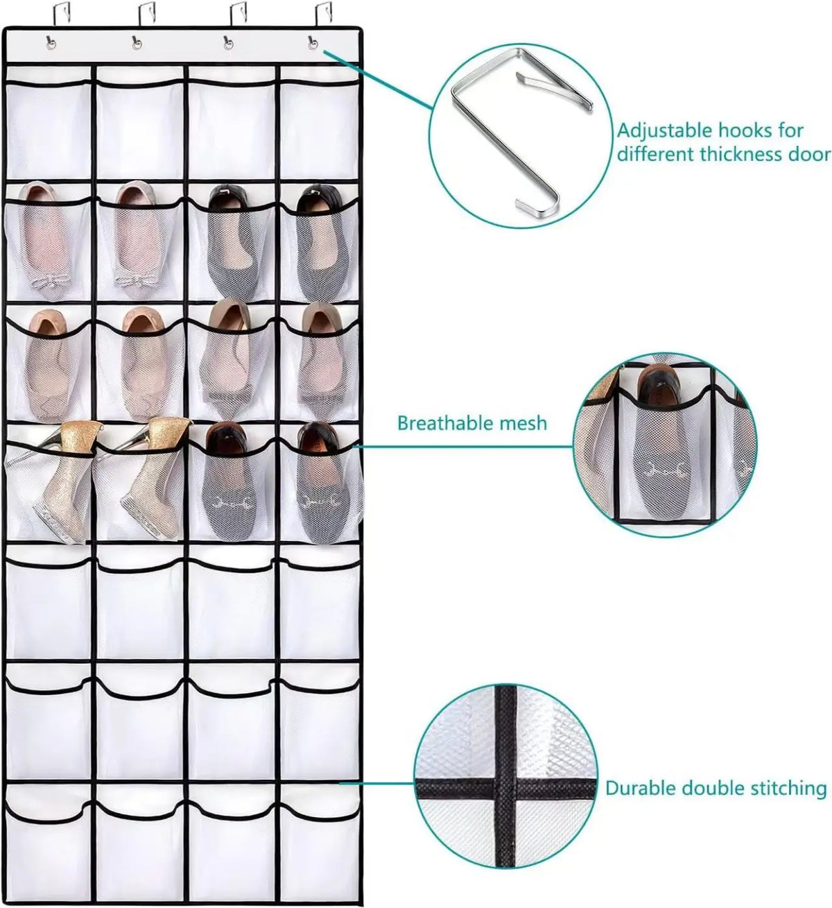 Over-the-door shoe organizer with adjustable hooks, breathable mesh, and durable double stitching.