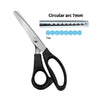 Stainless steel zig zag lace sewing scissors with a 7mm circular arc ruler.