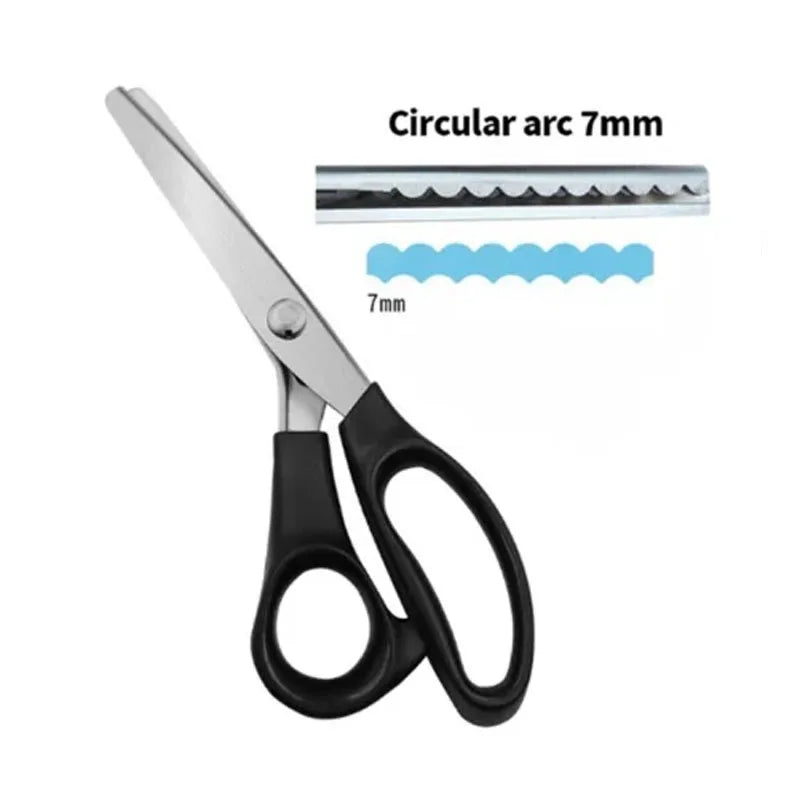 Stainless steel zig zag lace sewing scissors with a 7mm circular arc ruler.
