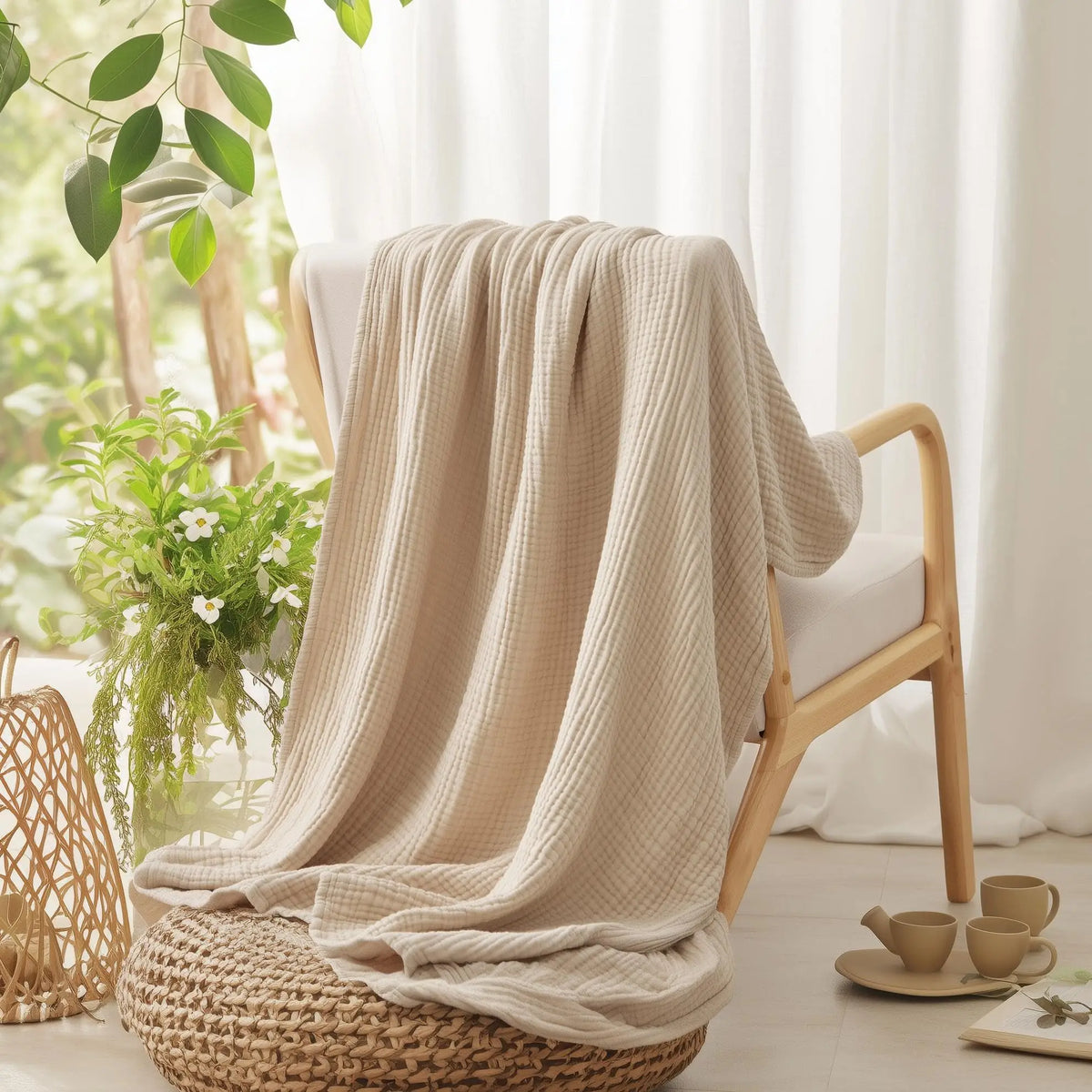 A beige ultra-soft 100% cotton gauze blanket draped over a wooden chair and resting on a woven seat.