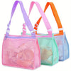 Three mesh beach bags in pink, purple, and orange for kids and collectors