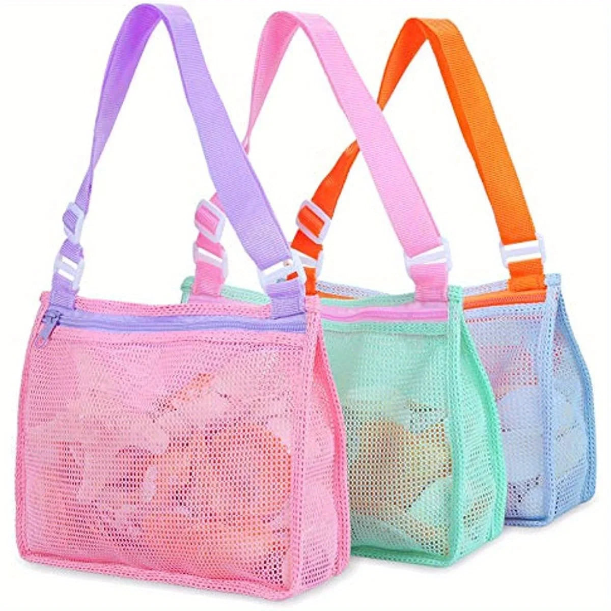 Three mesh beach bags in pink, purple, and orange for kids and collectors