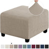 A square jacquard footrest ottoman slipcover in beige fabric with a textured weave.