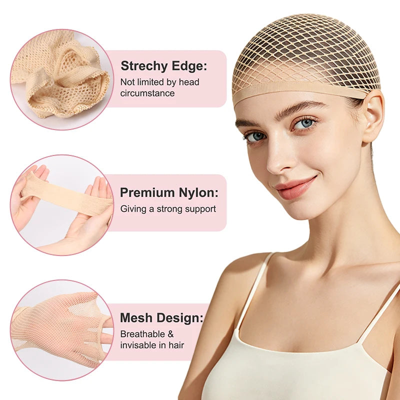 A woman models a breathable fishnet wig cap for natural hair styling, highlighting its stretchy edge and premium nylon design