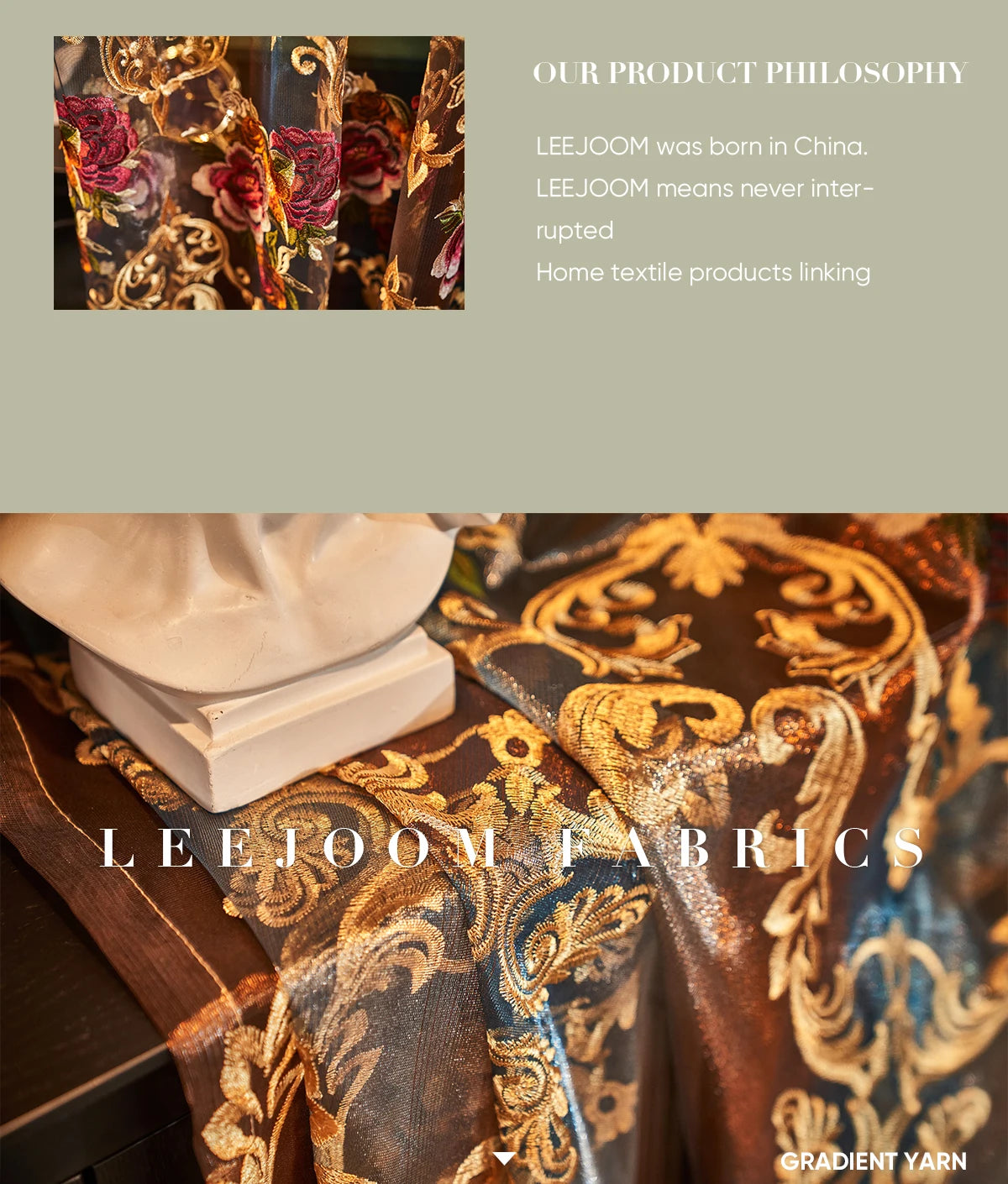 Close-up of a luxurious fabric featuring gold and blue floral embroidery, displayed next to a white plaster bust.
