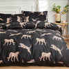 Black duvet cover set featuring a marble print of leopards and cheetahs on a white background.