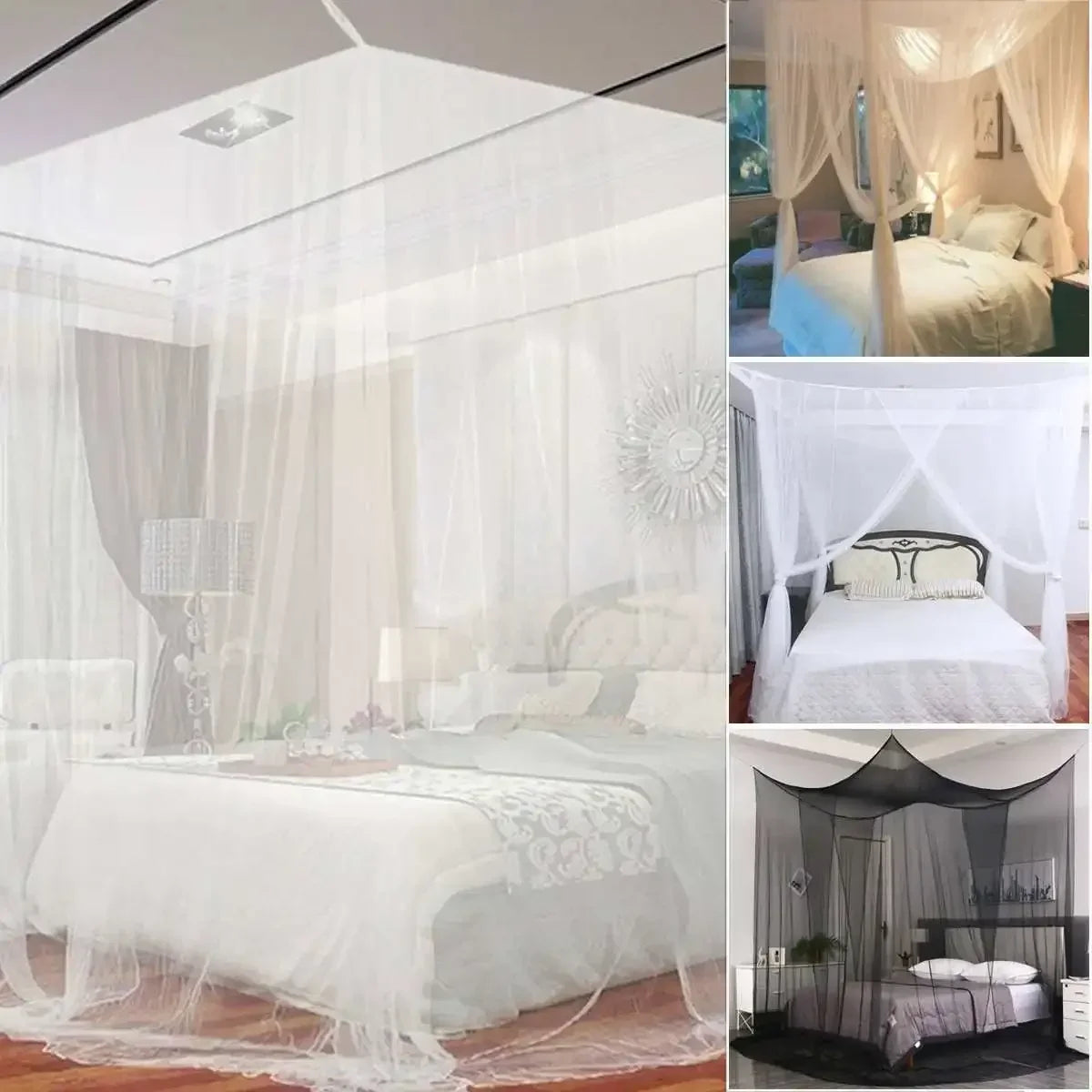 Elegant mosquito netting canopy draped over a bed, creating a soft, sheer, romantic bedding setup.