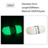 Green glow-in-the-dark polyester yarn spool with a black label and white yarn shown next to each other