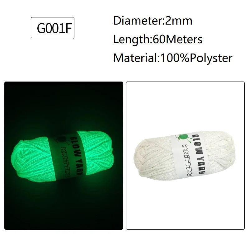 Green glow-in-the-dark polyester yarn spool with a black label and white yarn shown next to each other