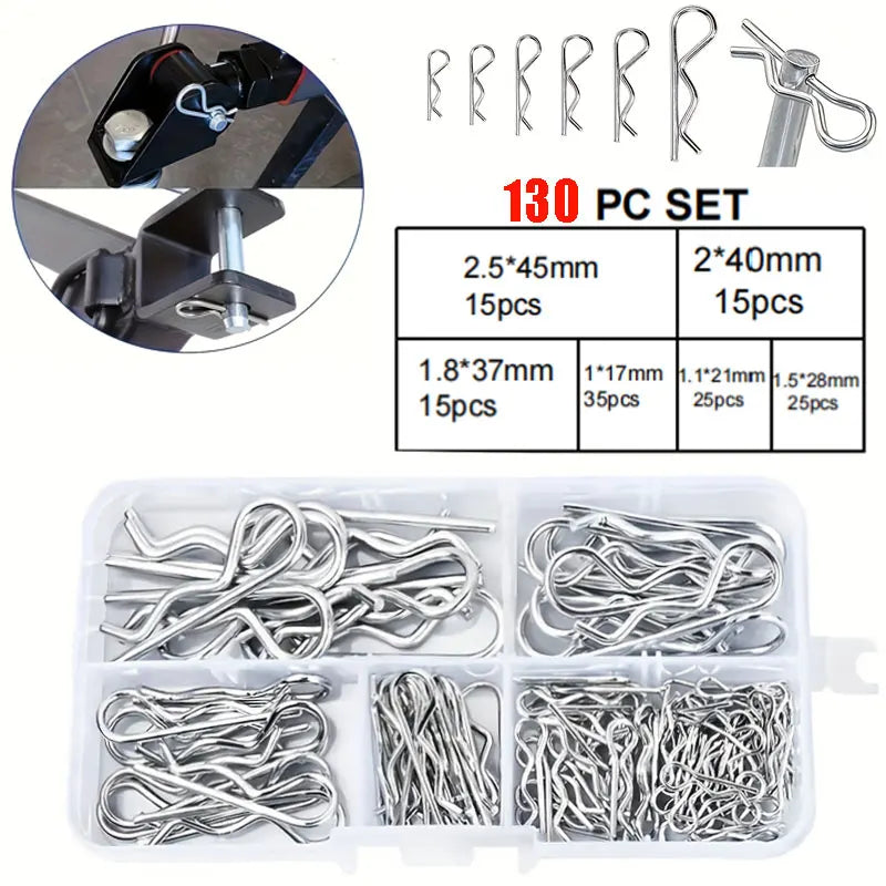 A set of galvanized steel cotter pins and R-clips in various sizes packaged in a clear plastic container.