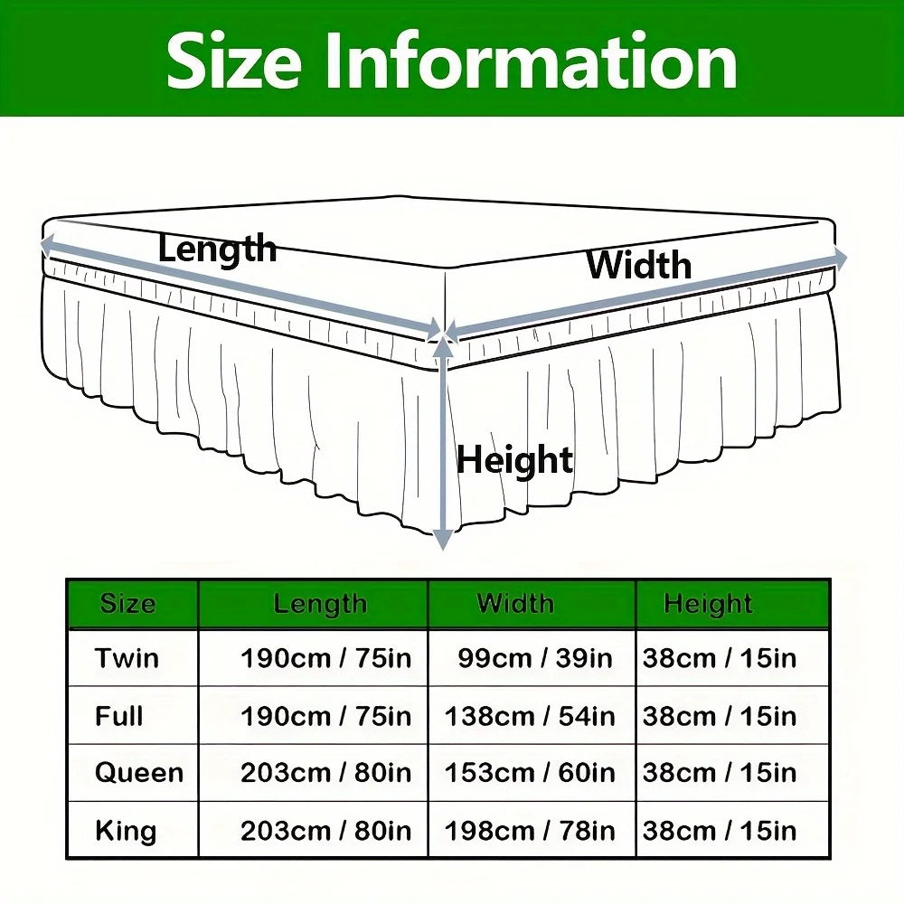 Diagram showing the dimensions (length, width, height) of a bed skirt for Twin, Full, Queen, and King sizes.