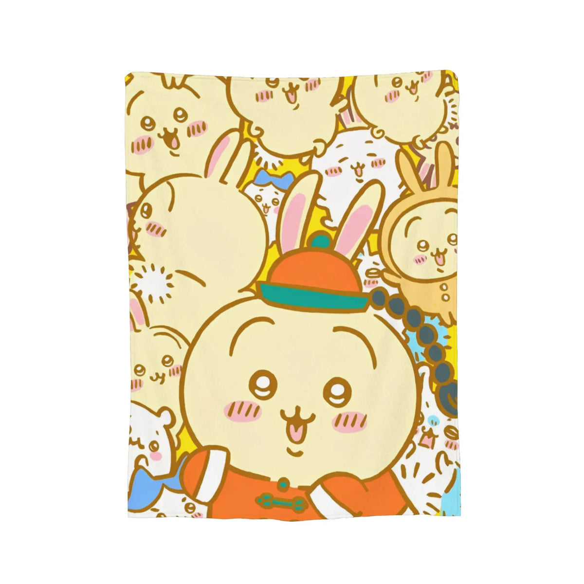 A yellow flannel throw blanket featuring a pattern of cute Chiikawa cartoon rabbits.