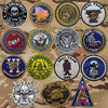 A collection of embroidered patch designs featuring various military and government emblems including the 2nd Amendment, Seal