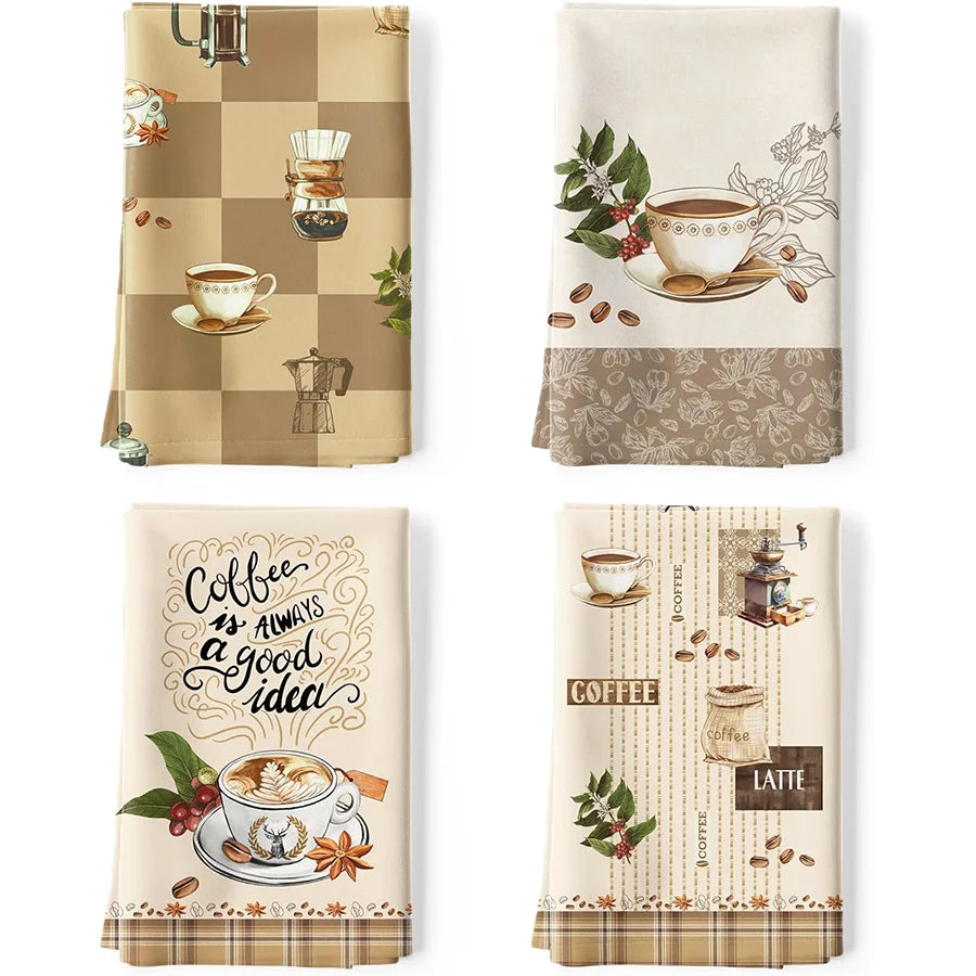 A set of four plaid lettered kitchen towels featuring coffee and tea motifs on a beige background.